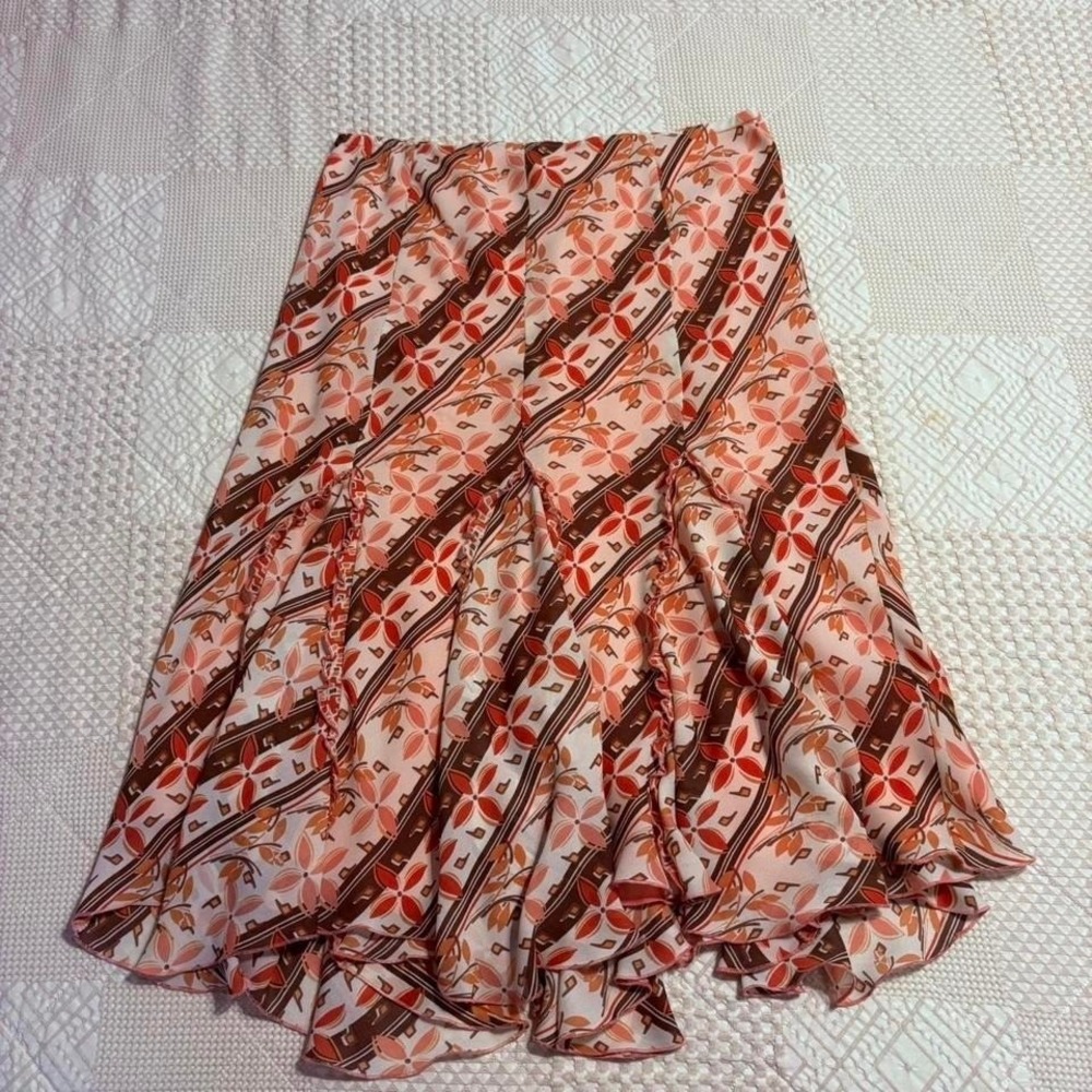 Y2K Pink Orange & Brown Ruffle Floral Asymmetrical Skirt, XL